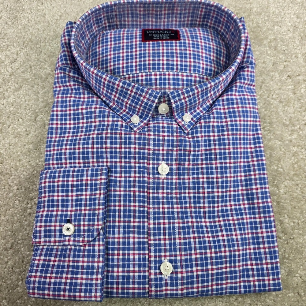 UNTUCKit Button Down Shirt Mens 3XL Blue Red Plaid Cotton Long Sleeve Casual